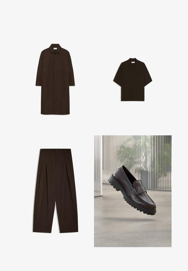 Brun uldfrakke med lige snit, raglan ærmer, krave og sidelommer. Har en knaplukning og et strømlinet, minimalistisk design.; Mørkebrun kortærmet skjorte med knapper, krave og brystlomme, lagt fladt ud på en hvid baggrund.; Højtaljede mørkebrune viddebukser med forkantsfolder, bæltestropper, knaplukning og rene kantede kanter.; Brun lædersko uden snørebånd med rundet tå og solid sort gummisål. Har en dekorativ rem hen over vristen.