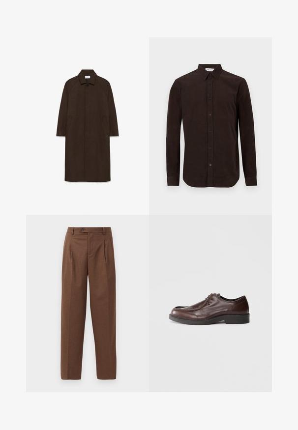Brun uldfrakke med lige snit, raglan ærmer, krave og sidelommer. Har en knaplukning og et strømlinet, minimalistisk design.; Brun langærmet skjorte lavet af bomuld, med krave med knaplukning, frontlukning med knapper og en lige kant med afrundede sider.; Brune skræddersyede bukser med lige pasform, synlige folder, forlommer og en enkelt knaplukning i taljen. Glat tekstur.; Brune lædersko med rund tå, minimal syning og en solid sort sål. Har snørelukning og en glat overflade.