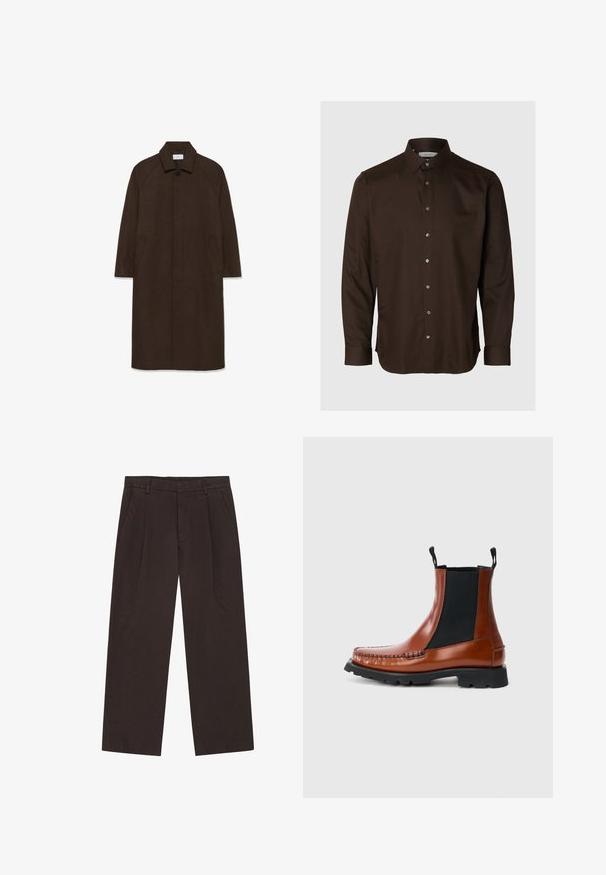 Hnedý vlnený kabát s rovnými strihom, raglánovými rukávmi, golierom a bočnými vreckami. Obsahuje zapínanie na gombík a elegantný, minimalistický dizajn.; Tmavohnedá pánska košeľa s dlhým rukávom na gombíky s klasickým golierom, zapínanými manžetami a priliehavým strihom.; Tmavohnedé široké nohavice vyrobené z textúrovanej látky. Majú predné záhyby, dve bočné vrecká a zips s gombíkovým zapínaním.; Hnedá kožená členková čižma s elastickými bočnými panelmi, zaoblenou špičkou, prešívaným zdobením pozdĺž špičky a čiernou gumovou podrážkou.