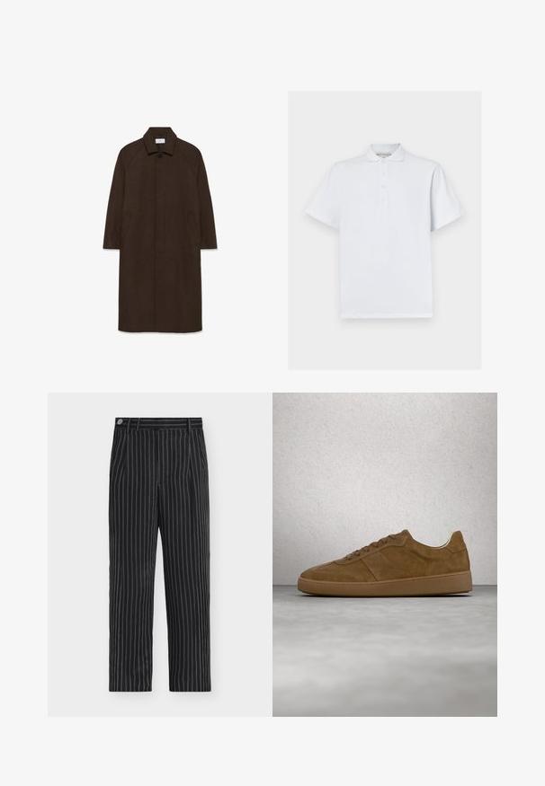 Brauner Wollmantel mit geradem Schnitt, Raglanärmeln, einem Kragen und seitlichen Taschen. Verfügt über einen Knopfverschluss und ein elegantes, minimalistisches Design.; Weißes Polohemd aus Baumwolle, mit klassischem Kragen, kurzen Ärmeln und einer Knopfleiste mit drei Knöpfen. Glatte Textur, keine Muster.; Schwarze Hose mit dünnen weißen vertikalen Nadelstreifen, Knopfverschluss, Gürtelschlaufen und geradem Bein.; Brauner Veloursleder-Sneaker mit hellbraunen Schnürsenkeln und Gummisohle. Verfügt über eine abgerundete Zehenpartie und gestickte Details am Obermaterial. Leichtes Design.