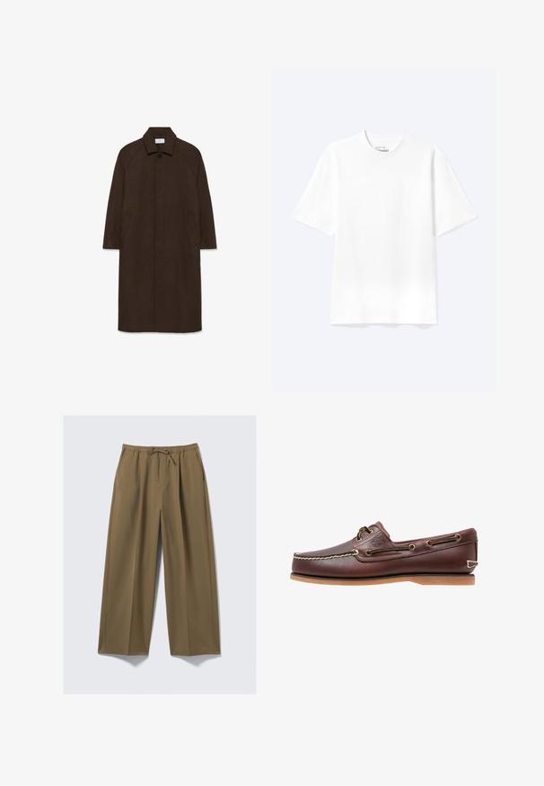 Hnedý vlnený kabát s rovnými strihom, raglánovými rukávmi, golierom a bočnými vreckami. Obsahuje zapínanie na gombík a elegantný, minimalistický dizajn.; Jednoduché biele tričko s krátkym rukávom a okrúhlym výstrihom v uvoľnenom strihu, zobrazené na svetlom pozadí.; Široké nohavice v olivovo zelenej farbe, vyrobené z jemného materiálu s elastickým pásom a nastaviteľnou šnúrkou. Obsahujú dve bočné vrecká.; Hnedá kožená lodná topánka s bielym prešívaním, detailmi na šnúrky a svetlohnedou gumovou podrážkou, zobrazená z boku na bielom pozadí.