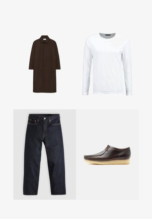 Hnedý vlnený kabát s rovnými strihom, raglánovými rukávmi, golierom a bočnými vreckami. Obsahuje zapínanie na gombík a elegantný, minimalistický dizajn.; Biela dlhá tričko s dlhým rukávom vyrobené z bavlny, s okrúhlym výstrihom a hladkou textúrou. Bez vzorov a akcentov. Jednoduchý dizajn.; Tmavomodré džínsy s rovnými nohavicami, piatimi vreckami, kontrastným oranžovým prešívaním a gombíkovým zapínaním. Žiadne viditeľné vzory alebo ozdoby.; Tmavohnedá kožená šnurovacia obuv s ľahkou podrážkou z krepovej gumy, so šitým dizajnom na špičke, zobrazená z profilu na bielom pozadí.