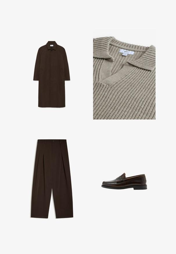 Bruine wollen jas met een rechte snit, raglanmouwen, een kraag en zijzakken. Voorzien van een knoopsluiting en een strakke, minimalistische uitstraling.; Beige gebreide trui met een geribbelde textuur, voorzien van een V-hals en een vlakke kraag. De stof lijkt zacht en warm. Merklabel zichtbaar.; Donkerbruine wijde broek met een hoge taille, voorplooien, riemlussen, knoopsluiting en nette zoomranden.; Donkerbruine leren penny loafer met gestikte moc-toe, lage hak en gladde afwerking, zijaanzicht op witte achtergrond.