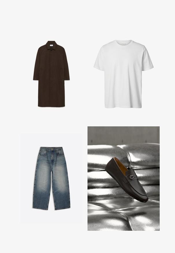 Brun uldfrakke med lige snit, raglan ærmer, krave og sidelommer. Har en knaplukning og et strømlinet, minimalistisk design.; Enkelt hvid T-shirt med korte ærmer og rund hals, løs pasform og uden synlige logoer eller designs foran.; Bredbenede blå denimjeans med falmet front, design med fem lommer, bæltestropper og knappelukning lagt fladt på en hvid baggrund.; Mørkebrune læderloafer med metalspænde, der svæver over en blank sølvpolstret overflade.