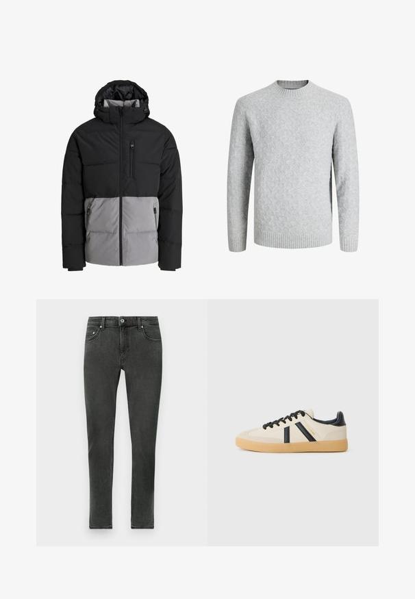 Doudoune noire et grise avec capuche, fermeture éclair intégrale à l'avant, poche poitrine et deux poches latérales zippées, présentée sur fond blanc.; Pull gris clair en maille avec motif losange, col rond, poignets et ourlet côtelés, manches longues, adapté par temps froid.; Jean skinny gris foncé en denim à la texture lisse, présentant un fermeture à boutons classique et un design standard à cinq poches.; Baskets décontractées en crème avec des rayures noires, présentant un dessus texturé et une semelle en caoutchouc. Les lacets sont noirs. Logo discret sur le côté.