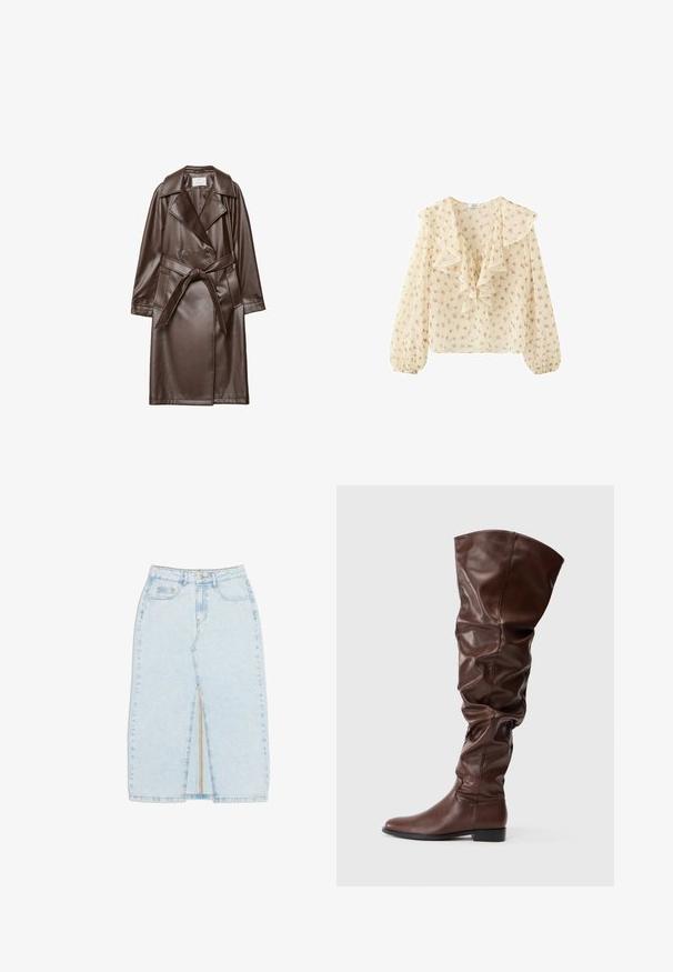 Manteau en cuir brun avec revers en zigzag, boutons à double boutonnage, ceinture attache à la taille et poches latérales. Texture lisse et design longueur genou.; Blouse crème avec petit imprimé floral rose, manches longues bouffantes, décolleté en V profond avec volants et fermeture à nouer, et bordure en dentelle décorative.; Jupe en denim bleu clair avec une fente à l'avant, taille haute et détail de fermeture éclair. Comprend des poches classiques et des coutures surpiquées.; Bottes en cuir marron au-dessus du genou avec un design froncé, bout rond et un petit talon block. Texture lisse et coutures minimalistes.