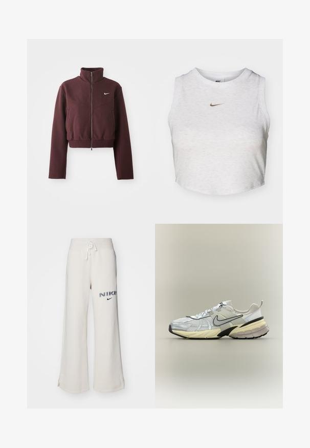 Chaqueta burdeos cortada con cuello alto, cierre de cremallera, dobladillo acanalado y mangas largas. Presenta el logotipo de Nike en blanco en el lado izquierdo del pecho.; Top corto blanco hecho de una tela suave y texturizada. Presenta un cuello redondo y un diseño sin mangas, con un pequeño logotipo dorado de Nike en la parte delantera.; Pantalones de chándal anchos de color beige claro, con cinturilla elástica y cordón, aberturas laterales y logo bordado de "NIKE" en azul oscuro.; Zapatilla Nike blanca y gris con parte superior de malla, logo swoosh negro, entresuela beige y suela negra sobre un fondo claro.