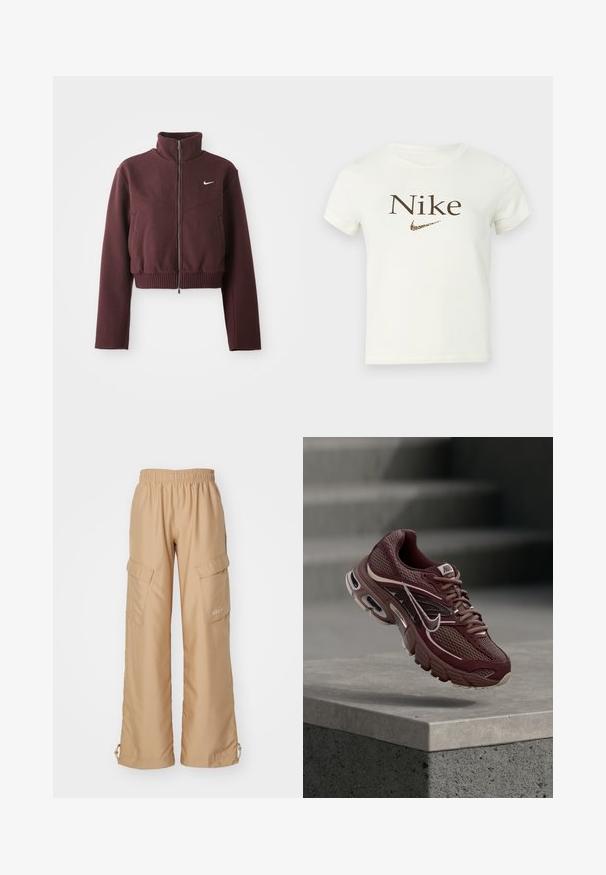 Chaqueta burdeos cortada con cuello alto, cierre de cremallera, dobladillo acanalado y mangas largas. Presenta el logotipo de Nike en blanco en el lado izquierdo del pecho.; Camiseta corta de manga corta blanca con el texto "Nike" en marrón y un logo de swoosh de Nike con estampado de leopardo en el pecho.; Nike Sportswear TREND - Pantalones cargo - hemp; Zapatilla de correr Nike color granate con tejido de malla, cuello acolchado, suela gruesa y detalles en blanco. El diseño presenta una puntera redondeada y cordones prominentes.