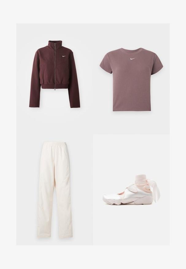 Chaqueta burdeos cortada con cuello alto, cierre de cremallera, dobladillo acanalado y mangas largas. Presenta el logotipo de Nike en blanco en el lado izquierdo del pecho.; Camiseta corta de manga corta en color malva con cuello redondo y pequeño logo blanco de Nike centrado debajo del escote.; Pantalones de color crema con cintura elástica y corte de pierna recta, de ajuste suelto, exhibidos sobre un fondo blanco liso.; Zapatilla blanca y rosa pálido con envoltura de tela suave en el tobillo atada en un lazo, con tira ajustable y suela redondeada.