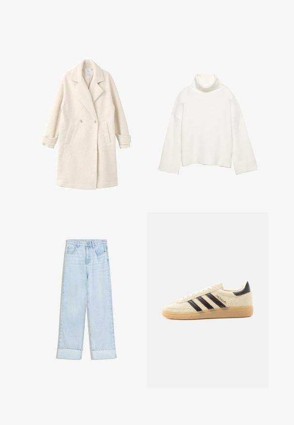 Manteau croisé en tissu crème doux, doté de revers crantés, de poches latérales et de poignets roulés pour une touche de détail et de texture.; Pull à col roulé blanc en tissu doux, présentant une coupe décontractée, des épaules tombantes et des poignets et un ourlet larges côtelés.; Jean en denim bleu clair avec une taille haute, une coupe à jambes larges, des revers roulés et deux poches avant. Le tissu présente une texture légèrement délavée.; Baskets en daim crème avec des rayures noires, semelle en gomme, languette noire au talon et texte doré "SPEZIAL" sur le côté.