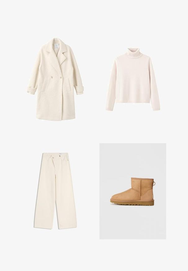 Manteau croisé en tissu crème doux, doté de revers crantés, de poches latérales et de poignets roulés pour une touche de détail et de texture.; Pull à col roulé rose clair en tissu tricoté doux, doté d'un col et de poignets côtelés, avec une coupe décontractée et un design minimaliste.; Pantalon large couleur écru avec poches avant, passants pour ceinture, et boutons argentés sur la ceinture et les bords des poches.; Bottines en suède beige avec bout rond, détails cousus, tirant à l'arrière et semelle en caoutchouc texturé. Conçues pour le confort et la chaleur.