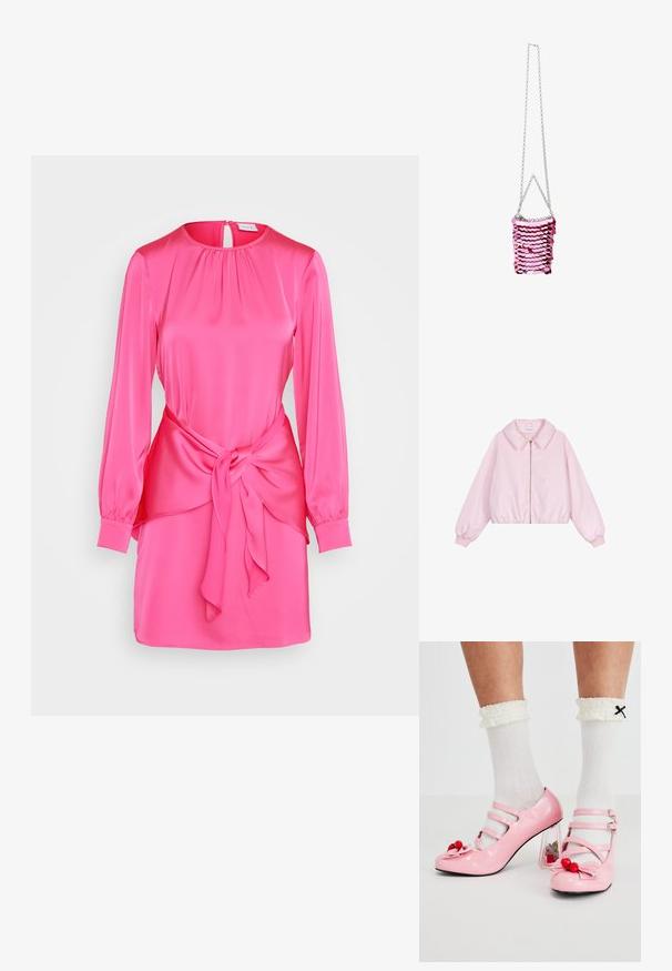 Chaqueta corta de color rosa claro con cuello y cierre de cremallera. Presenta puños y dobladillo elásticos, textura suave similar a la satén y sin patrones.; VILA VIANNES - Vestido informal - pink yarrow; Tacones de charol rosa con punta redondeada, tres tiras y adornos de cereza. El tacón bloque transparente presenta acentos florales. Calcetines blancos con relieve.; Bolso de mano con forma rectangular, adornado con escamas en tonos rosa y rosa oscuro. Correa de cadena plateada, textura brillante y sin patrones adicionales.