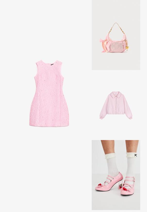 Lichtroze cropped jacket met een kraag en ritssluiting. Heeft elastische manchetten en zoom, een gladde satijnachtige textuur, en geen patronen.; Mouwloze roze mini-jurk met een gestructureerde stof en subtiele glinsterende versieringen, met een ronde halslijn, plat uitgestald op een witte achtergrond.; Roze gepatineerde leren hakken met een ronde neus, drie bandjes en kersenversieringen. Heldere blokhak met florale accenten. Witte geribbelde sokken.; Roze Juicy Couture fluwelen schoudertas met gouden kettingriem, hartvormige sleutelhanger, geborduurd logo en roze satijnen strikdetail.