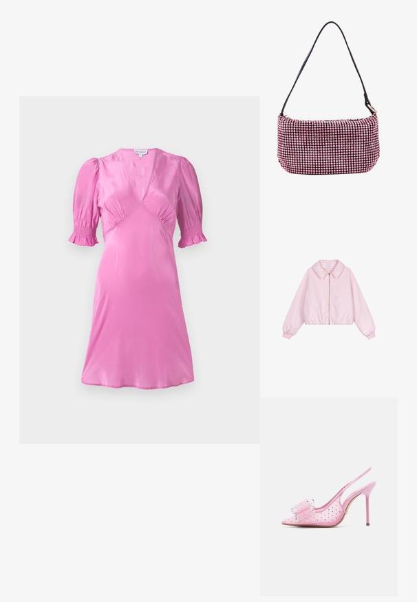 Lichtroze cropped jacket met een kraag en ritssluiting. Heeft elastische manchetten en zoom, een gladde satijnachtige textuur, en geen patronen.; Roze satijnen jurk met korte pofmouwen, een V-halslijn en geraffineerde details bij de buste en mouwranden. Gladde, glanzende textuur.; Roze slingback pumps met hoge hak en puntige neus, versierd met heldere strass-steentjes en een doorschijnend strikje aan de voorkant.; Zwarte handtas met een gebogen vorm, bedekt met roze rhinestones, voorzien van een dunne zwarte schouderband en een ritssluiting. Gestructureerd, glanzend oppervlak.