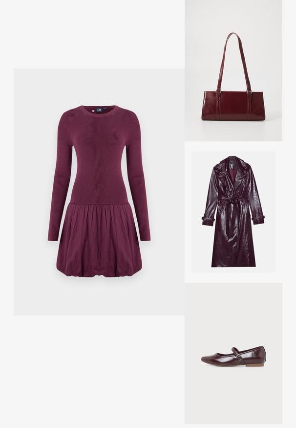 Even&Odd by Zalando Trenchcoat - bordeaux; Lila Kleid mit einem gerippten Oberteil, langen Ärmeln und einem gerafften Rock. Der Stoff wirkt glatt mit einer leichten Textur.; Bordeauxroter Mary Jane Flachschuh mit abgerundetem Zehenbereich, glänzender Oberfläche, verstellbarem Seitenriemen mit silberner Schnalle und flacher hellbrauner Sohle.; Burgunderfarbene Handtasche aus glänzendem Material, rechteckige Form, mit zwei Schulterriemen und subtilen, geschwungenen Akzenten an der Vorderseite.