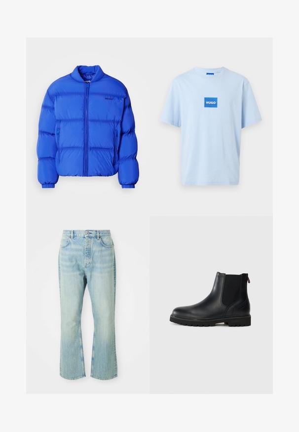 Doudoune bleue avec un col haut, fermeture éclair à l'avant et deux poches latérales. Fabriquée en matériau lisse avec des sections matelassées.; T-shirt bleu clair à manches courtes avec un logo carré bleu centré sur la poitrine affichant le mot « HUGO » en lettres blanches.; Jeans évasés en denim bleu clair avec une taille haute, dotés de cinq poches, de passants de ceinture et d'une texture délavée.; Bottine noire en cuir avec des panneaux latéraux en élastique, bout rond et semelle en caoutchouc robuste avec de profonds crampons pour une meilleure adhérence.