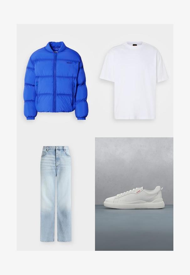 Doudoune bleue avec un col haut, fermeture éclair à l'avant et deux poches latérales. Fabriquée en matériau lisse avec des sections matelassées.; T-shirt en coton blanc avec un col rond, des manches courtes et une coupe décontractée. Les coutures épaules texturées ajoutent un détail supplémentaire.; Jeans bleu clair taille haute à jambes droites, avec poches avant, passants de ceinture et fermeture par bouton.; Sneaker blanche avec une finition en cuir lisse, bout rond, quatre œillets, perforations subtiles et un détail de logo rouge sur le côté.