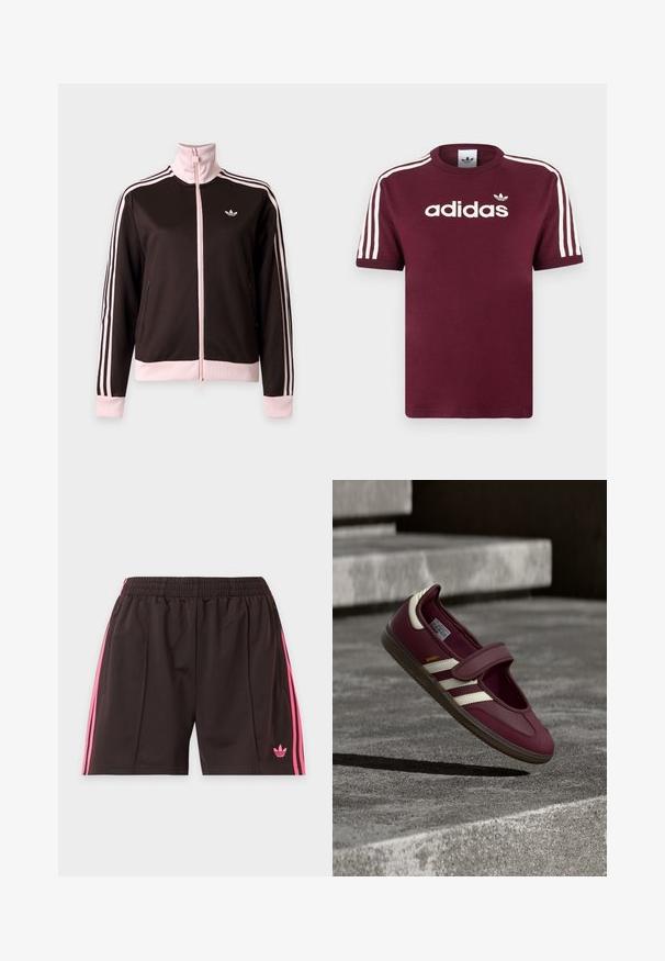 Schwarze und pinke Adidas Trainingsjacke mit durchgehendem Reißverschluss, pinken Streifen an den Ärmeln, pinken Bündchen und Kragen sowie Adidas-Logo auf der Brust.; Maroonfarbenes Baumwoll-T-Shirt mit weißen, gestreiften Ärmeln, das das "adidas"-Logo in Weiß auf der Brust und ein kleines Logo darüber zeigt.; Schwarze Sportshorts mit pinken Seitenstreifen, elastischem Bund, Reißverschlusstaschen und kleinem pinken Adidas-Logo am linken Bein.; Bordeauxroter Sportschuh mit Klettverschluss, weißen Seitenstreifen, strukturiertem Gummisohlenprofil und glattem Obermaterial. Verstellbare Passform mit gepolstertem Innenfutter.
