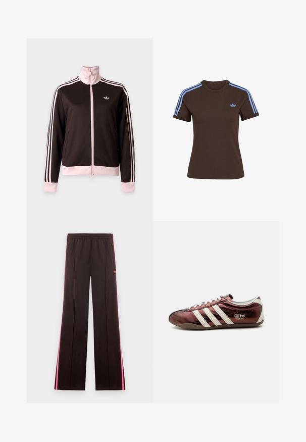 Schwarze und pinke Adidas Trainingsjacke mit durchgehendem Reißverschluss, pinken Streifen an den Ärmeln, pinken Bündchen und Kragen sowie Adidas-Logo auf der Brust.; Braunes Kurzarm-T-Shirt mit hellblauen drei Streifen auf den Schultern und kleinem hellblauem Adidas-Logo auf der linken Brust.; Schwarze Sporthose mit pinken Seitenstreifen, elastischem Bund, Reißverschlusstaschen und Adidas-Logo am linken Oberschenkel.; Flacher metallischer burgunderfarbener Adidas Sneaker mit weißen Streifen, Schnürsenkeln und „Adidas Tokyo“-Branding an der Seite.