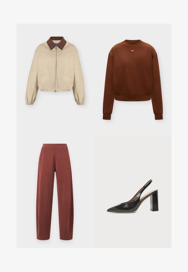 Veste beige à fermeture éclair avec col marron, manches longues élastiques, poches latérales et ourlet légèrement froncé, présentée sur fond uni.; Sweat-shirt marron à manches longues et col rond, avec poignets et ourlet côtelés, avec un petit patch logo "HUGO" au centre de la poitrine.; Pantalon droit à taille élastique marron avec poches latérales et détails de couture subtils.; Chaussure slingback en cuir noir à bout pointu avec un talon bloc haut et une doublure intérieure beige sur un fond clair uni.