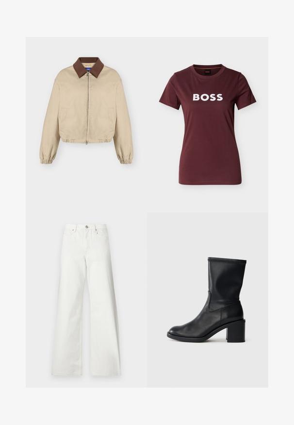 Veste beige à fermeture éclair avec col marron, manches longues élastiques, poches latérales et ourlet légèrement froncé, présentée sur fond uni.; T-shirt bordeaux à manches courtes et col rond avec le logo BOSS blanc centré sur la poitrine, présenté sur un fond clair uni.; Jean blanc taille haute à jambes larges, fermeture à boutons devant, passants de ceinture et poches avant sur fond uni.; Botte en cuir noir à cheville avec un bout rond, texture lisse et un talon épais, présentant un tige ajustée et un subtil détail de couture.