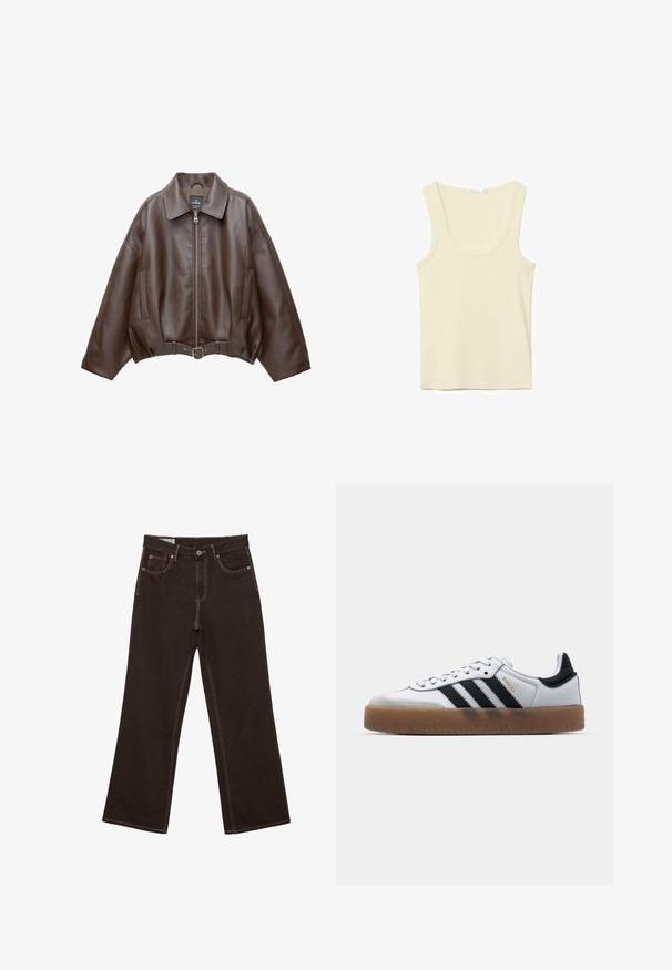 Veste courte en similicuir marron avec un large col, une fermeture éclair frontale, des poches latérales et une taille ceinturée. Texture lisse, coupe décontractée.; Débardeur sans manches couleur crème avec encolure dégagée et coutures simples, présenté sur un fond blanc.; Jean marron foncé à jambes larges avec boutons à l'avant, fermeture éclair et surpiqûres blanches contrastantes. Comprend des poches avant et une poche monnaie avec rivets en cuivre.; Baskets en cuir blanc avec des rayures noires, semelle extérieure en caoutchouc beige, bout rond, fermeture lacée et embout en suède gris doux.