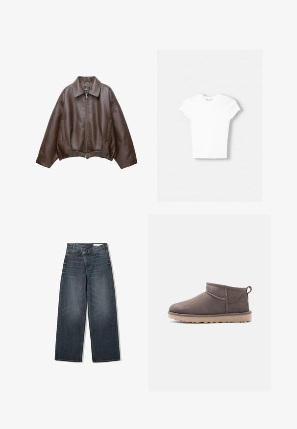 Veste courte en similicuir marron avec un large col, une fermeture éclair frontale, des poches latérales et une taille ceinturée. Texture lisse, coupe décontractée.; T-shirt blanc à manches courtes en coton doux, avec un col rond et une coupe ajustée. Pas de motifs ni d'ornements visibles.; Jean en denim foncé avec une coupe large, doté d'une taille haute, de cinq poches et d'un léger délavage sur le devant.; Chaussure basse en daim marron, modèle slip-on, avec semelle texturée et languette d'aide au chaussage, sur un fond uni.