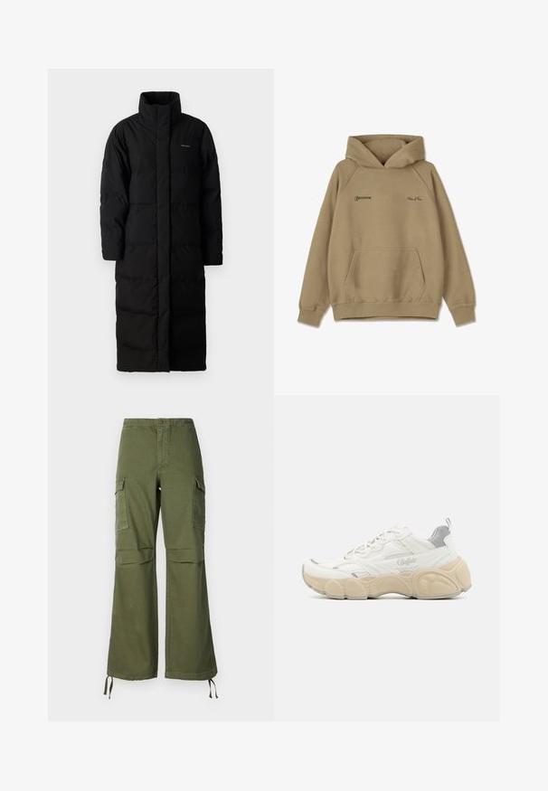 Zwarte, lange pufferjas met een hoge kraag, gestikte panelen en een rechte silhoeet. Heeft een rits aan de voorkant en zijzakken.; Beige hoodie van fleece materiaal, met een voorkantzak, geribde manchet en geborduurde logo's op de borst.; Olijfgroene cargobroek van katoen, met een brede pijpdesign, twee zijzakken en verstelbare touwen aan de zoom.; Witte sneaker met een bovenwerk van mesh en glad leer, met een gevoerde kraag, een gemêleerde rubberen zool en subtiele metallic accenten.