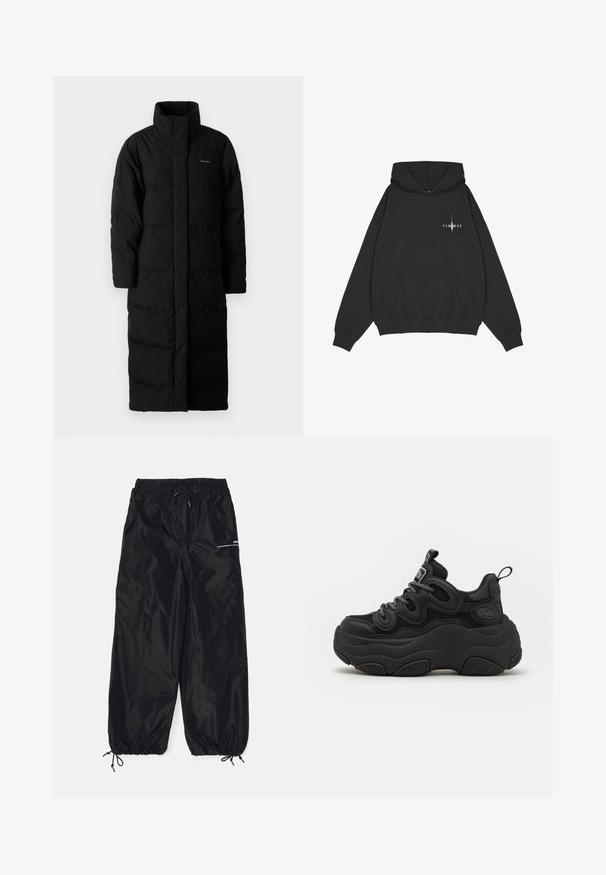 Schwarzer, langer Daunenmantel mit hohem Kragen, genähten Paneelen und gerader Silhouette. Verfügt über einen Reißverschluss vorne und Taschen an den Seiten.; Pegador Kapuzenpullover - washed black; Schwarze Cargo-Hosen aus glänzendem Nylon mit elastischem Bund, verstellbarem Kordelzug, Seitentaschen und elastischen Bundabschlüssen.; Schwarzer Sneaker mit chunky Design, featuring einem strukturierten Obermaterial, Mesh-Einsätzen und einer dicken Gummisohle. Reflexionsschnürsenkel und sichtbare Markendetails.