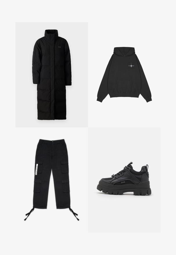 Sort, lang pufferjakke med høj krave, syede paneler og en lige silhuet. Har en frontlynlås og sidelommer.; Pegador Hættetrøje - washed black; Pegador TANAMI WIDE PANTS - Cargobukser - black; Sorte sneakers med en kraftig sål, der har en blanding af læder og mesh, rund tå og teksturerede detaljer. Snørebåndsdesign og strop bagpå.