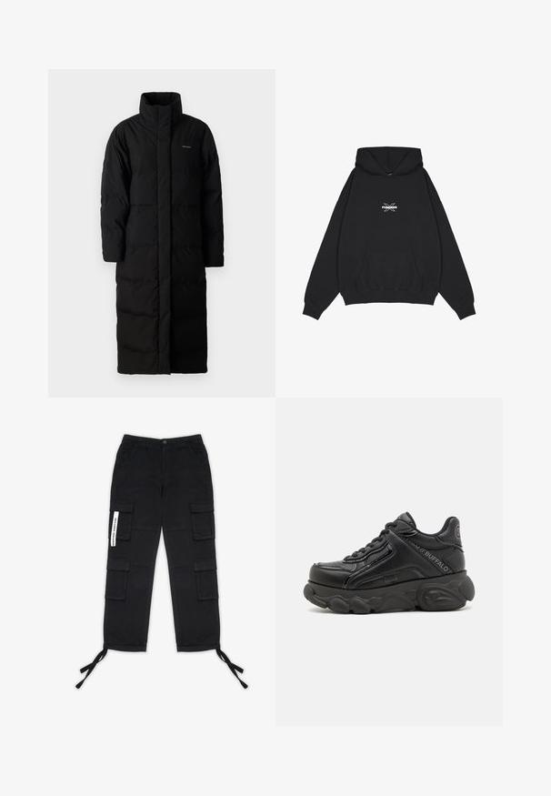 Schwarzer, langer Daunenmantel mit hohem Kragen, genähten Paneelen und gerader Silhouette. Verfügt über einen Reißverschluss vorne und Taschen an den Seiten.; Pegador BELLY OVERSIZED HOODIE - Kapuzenpullover - washed black; Pegador TANAMI WIDE PANTS - Cargohose - black; Schwarzer klobiger Plateau-Sneaker mit strukturierter Sohle, Schnürung vorne und gebrandeten Details an der Seite und Ferse.