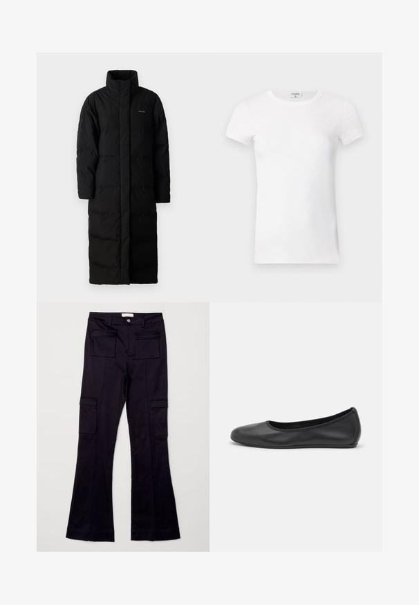 Schwarzer, langer Daunenmantel mit hohem Kragen, genähten Paneelen und gerader Silhouette. Verfügt über einen Reißverschluss vorne und Taschen an den Seiten.; Weißes geripptes T-Shirt mit kurzen Ärmeln und Rundhalsausschnitt. Der Stoff wirkt glatt und hat eine figurbetonte Silhouette. Markenlabel am Kragen sichtbar.; Schwarze ausgestellte Cargo-Hosen mit zwei frontalen Taschen und zwei seitlichen Taschen, aus einem glatten Stoff mit einem subtilen Glanz.; Schwarze Leder-Ballettschuhe mit abgerundeter Spitze, glatter Textur, minimalen Nähdetails und einem flexiblen Sohlen-Design.