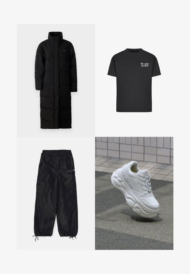 Schwarzer, langer Daunenmantel mit hohem Kragen, genähten Paneelen und gerader Silhouette. Verfügt über einen Reißverschluss vorne und Taschen an den Seiten.; Schwarzes Baumwoll-T-Shirt mit Rundhalsausschnitt. Mit weißem Text, einschließlich japanischer Schriftzeichen und "Slurp Away", auf der linken Brustseite.; Schwarze Cargo-Hosen aus glänzendem Nylon mit elastischem Bund, verstellbarem Kordelzug, Seitentaschen und elastischen Bundabschlüssen.; Weiße Leder-Sneaker mit einer massiven Sohle, strukturierten Details und Schnürverschluss. Verfügt über geformte Akzente und eine glatte Oberfläche.