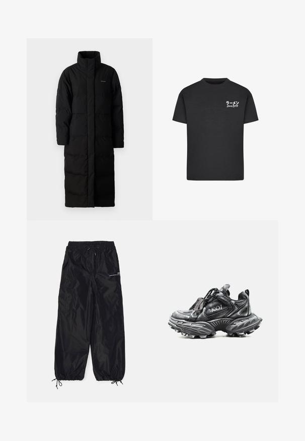 Sort, lang pufferjakke med høj krave, syede paneler og en lige silhuet. Har en frontlynlås og sidelommer.; Sort bomulds T-shirt med rund hals. Har hvid tekst, inklusive japanske tegn og "Slurp Away," på venstre brystområde.; Sorte cargobukser lavet af blank nylon med elastisk talje, justerbar snor, sidelommer og elastiske manchetter.; Kraftig sort sneaker med tekstureret sål, reflekterende sølvaccents og "KOI"-branding på siden, snøret med sorte og grå snørebånd.