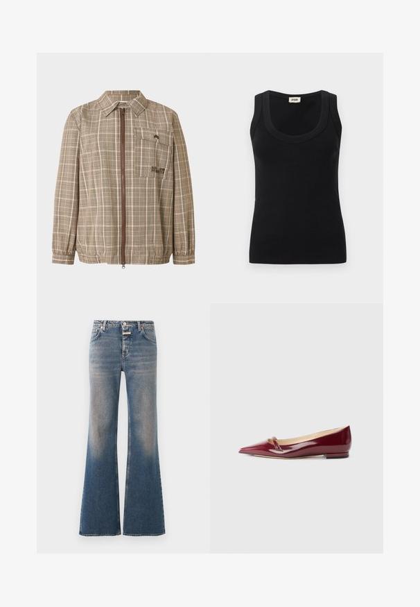Veste marron à carreaux avec col, fermeture éclair avant et une poche poitrine. Manches avec poignets élastiqués et ourlet ajustable. Tissu léger.; Débardeur en tissu côtelé noir avec larges bretelles et encolure dégagée, étiquette de la marque "DRYKORN" à l'intérieur du col au dos.; Jean en denim bleu délavé avec une taille haute, style classique cinq poches, fermeture par boutons et jambes évasées larges.; Ballerines en cuir verni bordeaux avec un bout pointu, présentant un petit détail découpé et un petit talon. Texture lisse et design épuré.