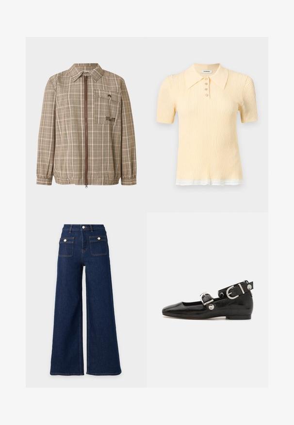 Veste marron à carreaux avec col, fermeture éclair avant et une poche poitrine. Manches avec poignets élastiqués et ourlet ajustable. Tissu léger.; Polo en maille côtelée à manches courtes de couleur jaune pâle avec quatre boutons et bordure en dentelle blanche à l'ourlet.; Jeans en denim bleu foncé à jambes larges, taille haute et deux poches avant à rabat avec boutons.; Ballerine en cuir verni noir avec un bout carré, sangle de cheville avec des détails en métal argenté et semelle plate. Texture lisse avec un design minimaliste.