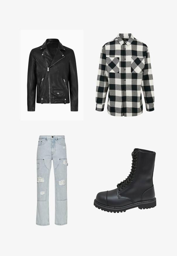 Chaqueta de motocicleta de cuero negra con un cuello clásico, cremallera diagonal en la parte delantera, herrajes plateados y bolsillos laterales con cremallera. Textura suave.; Camisa de franela en blanco y negro con un gran patrón a cuadros, mangas largas, cierre de botones en la parte delantera y dos bolsillos en el pecho. Hecha de tela suave.; Pantalones cargo de mezclilla de color azul claro con parches desgastados, diseño de pierna ancha, dos bolsillos laterales y acentos de remaches.; Bota de combate de cuero negro con caña alta, parte frontal con cordones, cuello acolchado y suela texturizada resistente para un buen agarre. Presenta una puntera reforzada.