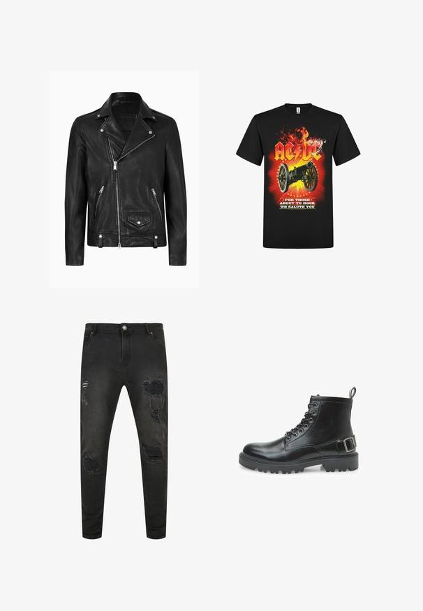 Zwarte leren motorjack met een klassieke kraag, diagonale ritssluiting, zilveren hardware en ritszakken aan de zijkant. Glad textuur.; Zwarte katoenen t-shirt met een afbeelding van een kanon met vlammen en de tekst "AC/DC For Those About to Rock We Salute You" in sterke kleuren.; Zwarte denim jeans met een slim fit, met verouderde details, scheuren en vervaagde delen. Standaard vijf-pocket ontwerp met metalen knoopsluiting.; Zwarte leren combatboot met veters, metalen oogjes, robuuste zool, trekband aan de hiel en een decoratieve gesp op de zijkant.