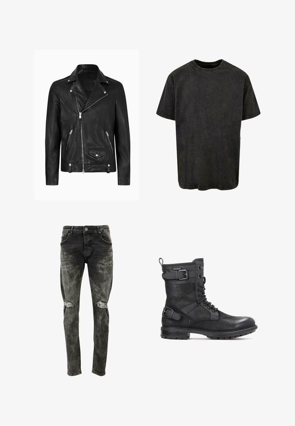 Chaqueta de motocicleta de cuero negra con un cuello clásico, cremallera diagonal en la parte delantera, herrajes plateados y bolsillos laterales con cremallera. Textura suave.; Camiseta de algodón negra con mangas cortas, cuello redondo y costuras visibles. Corte relajado con una textura ligeramente desgastada.; Jeans ajustados de corte delgado, en negro deslavado, hechos de denim con parches desgastados en las rodillas. Presenta bolsillos estándar y cierre de botón.; Kazar HEARD - Botines camperos - black