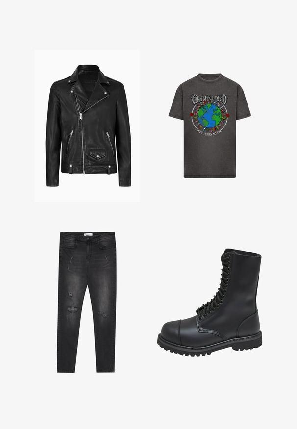 Zwarte leren motorjack met een klassieke kraag, diagonale ritssluiting, zilveren hardware en ritszakken aan de zijkant. Glad textuur.; Donkergrijze T-shirt met een kleurrafbeelding van de aarde omringd door dansende beren, met de tekst "Grateful Dead" erboven en "Zestig Jaar Tot Nu Toe" eronder.; Zwarte denim skinny jeans met versleten plekken, vijf-pocket ontwerp en enkele knoopsluiting. Gelaagde stof met een lichte rek.; Zwarte leren gevechtslaars met een hoge schacht, vetersluiting aan de voorkant, gewatteerde kraag en een stevige, gestructureerde zool voor grip. Bevat een versterkte neus.