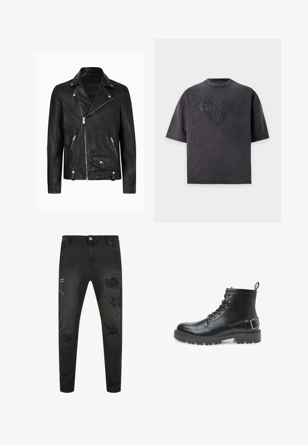 Chaqueta de motocicleta de cuero negra con un cuello clásico, cremallera diagonal en la parte delantera, herrajes plateados y bolsillos laterales con cremallera. Textura suave.; Camiseta negra oversize de manga corta con gráfico oscuro sutil y la palabra "pamelk" en fuente estilizada en el pecho.; Jeans de mezclilla negra con un ajuste slim, que presentan detalles desgastados, desgarros y áreas desvaídas. Diseño estándar de cinco bolsillos con cierre de botón metálico.; Bota de combate de cuero negro con cordones, ojales de metal, suela resistente, lengüeta en el talón y una correa decorativa con hebilla en el costado.