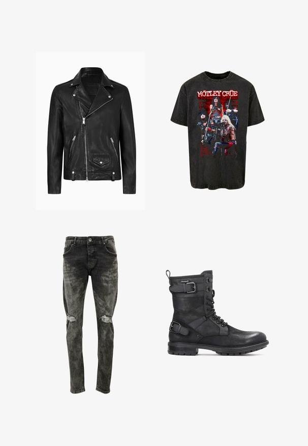 Zwarte leren motorjack met een klassieke kraag, diagonale ritssluiting, zilveren hardware en ritszakken aan de zijkant. Glad textuur.; Merchcode MOTLEY CRUE-LIVE MONTAGE ACID WASHED HEAVY - T-shirt print - black; Slim-fit, vervaagd zwarte jeans van denim met versleten knieën. Bevat standaardzakken en een knoopsluiting.; Kazar HEARD - Cowboy-/Bikerlaarsjes - black