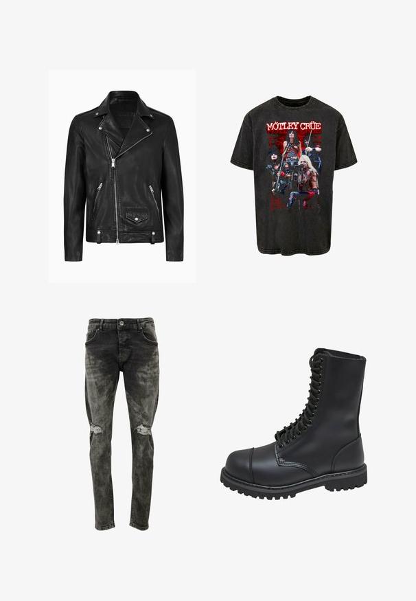 Chaqueta de motocicleta de cuero negra con un cuello clásico, cremallera diagonal en la parte delantera, herrajes plateados y bolsillos laterales con cremallera. Textura suave.; Merchcode MOTLEY CRUE-LIVE MONTAGE ACID WASHED HEAVY - Camiseta estampada - black; Jeans ajustados de corte delgado, en negro deslavado, hechos de denim con parches desgastados en las rodillas. Presenta bolsillos estándar y cierre de botón.; Bota de combate de cuero negro con caña alta, parte frontal con cordones, cuello acolchado y suela texturizada resistente para un buen agarre. Presenta una puntera reforzada.