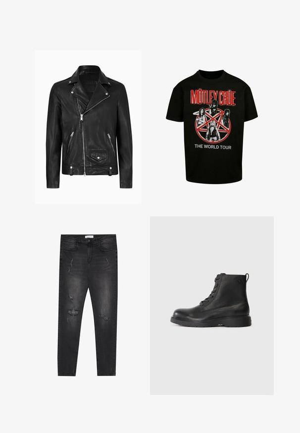Chaqueta de motocicleta de cuero negra con un cuello clásico, cremallera diagonal en la parte delantera, herrajes plateados y bolsillos laterales con cremallera. Textura suave.; Camiseta negra de algodón con un gráfico central de cuatro figuras y un pentagrama rojo, con el texto "MÖTLEY CRÜE" y "LA GIRA MUNDIAL".; Jeans skinny de mezclilla negra con parches desgastados, diseño de cinco bolsillos y cierre de un solo botón. Tejido texturizado con un ligero estiramiento.; Botín negro de tobillo hecho de cuero texturizado con punta redonda, diseño con cordones y una resistente suela de goma negra. Presenta un lazo en el talón.