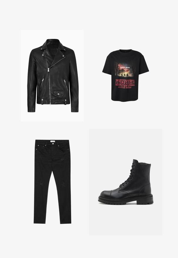 Chaqueta de motocicleta de cuero negra con un cuello clásico, cremallera diagonal en la parte delantera, herrajes plateados y bolsillos laterales con cremallera. Textura suave.; Camiseta negra que muestra a tres niños montando en bicicleta al atardecer cerca de árboles y un edificio, con el texto "Hawkins, Indiana" y "Stranger Things".; Jeans slim fit negros con parches desgastados sutiles, botón de metal, bolsillos delanteros y una etiqueta de Pier One en la cinturilla.; AllSaints HANK - Botines con cordones - black