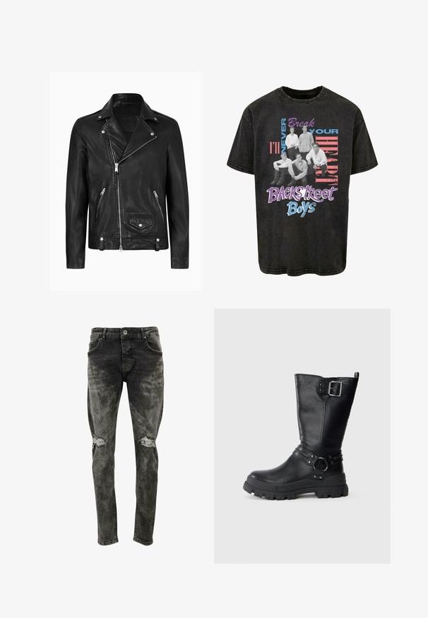 Chaqueta de motocicleta de cuero negra con un cuello clásico, cremallera diagonal en la parte delantera, herrajes plateados y bolsillos laterales con cremallera. Textura suave.; Camiseta de algodón negra con un estampado gráfico de cinco figuras sentadas con el texto "Nunca te romperé el corazón" y "Backstreet Boys" en colores llamativos.; Jeans ajustados de corte delgado, en negro deslavado, hechos de denim con parches desgastados en las rodillas. Presenta bolsillos estándar y cierre de botón.; Bota de cuero negro hasta la rodilla con suela de goma gruesa, que presenta un pasador lateral, detalle de correa y acabado texturizado.