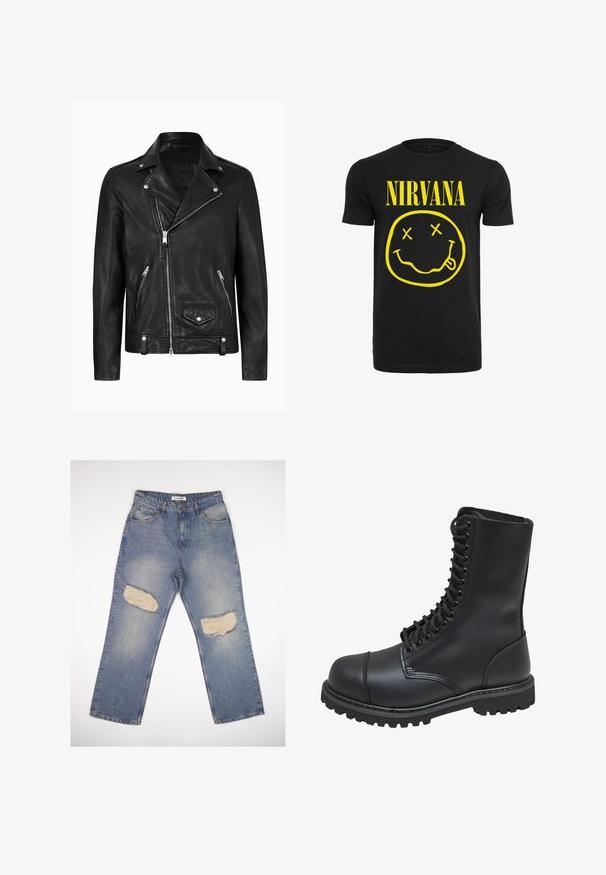 Chaqueta de motocicleta de cuero negra con un cuello clásico, cremallera diagonal en la parte delantera, herrajes plateados y bolsillos laterales con cremallera. Textura suave.; Camiseta de algodón negra con un gran texto amarillo "NIRVANA" y un gráfico de una cara sonriente con ojos en forma de X y la lengua afuera.; Jeans de mezclilla azul claro con corte recto, que presentan dos grandes parches desgastados en las rodillas y un diseño estándar de cinco bolsillos.; Bota de combate de cuero negro con caña alta, parte frontal con cordones, cuello acolchado y suela texturizada resistente para un buen agarre. Presenta una puntera reforzada.