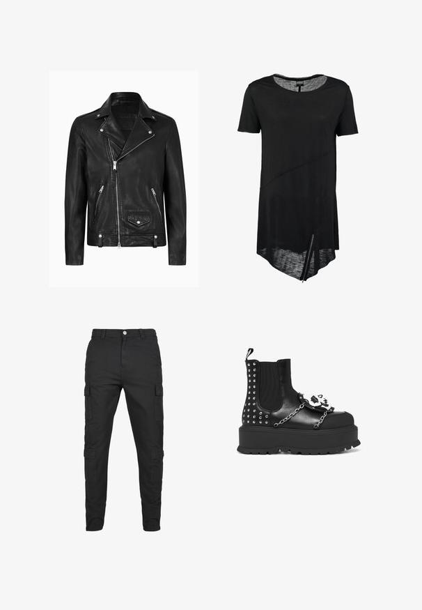 Chaqueta de motocicleta de cuero negra con un cuello clásico, cremallera diagonal en la parte delantera, herrajes plateados y bolsillos laterales con cremallera. Textura suave.; Camiseta negra de manga corta con cuello redondo, dobladillo asimétrico, textura transparente y detalle de cremallera lateral. Tejido suave y ligero.; Pantalones cargo negros hechos de un tejido duradero. Presentan múltiples bolsillos laterales, un cierre de botón y un diseño de pierna ajustada. Parte delantera plana, sin patrones.; Botín negro de plataforma con tachuelas plateadas, detalles de cadena y una decoración de calavera blanca en el panel frontal.