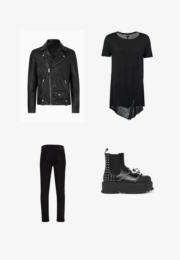 Chaqueta de motocicleta de cuero negra con un cuello clásico, cremallera diagonal en la parte delantera, herrajes plateados y bolsillos laterales con cremallera. Textura suave.; Camiseta negra de manga corta con cuello redondo, dobladillo asimétrico, textura transparente y detalle de cremallera lateral. Tejido suave y ligero.; Jeans elásticos negros con un corte ajustado, que cuentan con una cintura de altura media y dos bolsillos traseros. Textura suave con detalles de hardware mínimos.; Botín negro de plataforma con tachuelas plateadas, detalles de cadena y una decoración de calavera blanca en el panel frontal.