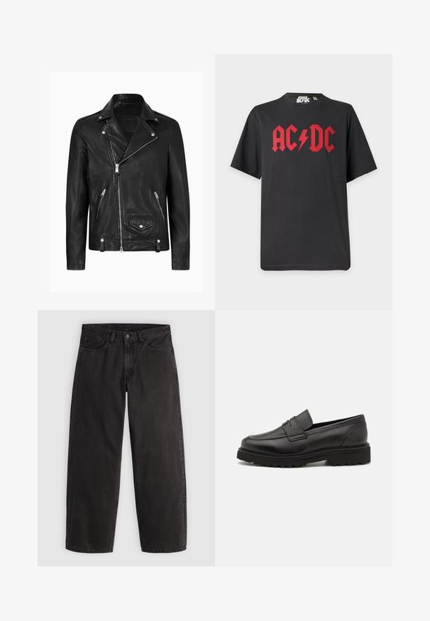 Chaqueta de motocicleta de cuero negra con un cuello clásico, cremallera diagonal en la parte delantera, herrajes plateados y bolsillos laterales con cremallera. Textura suave.; Camiseta negra de manga corta con el logo rojo intenso de AC/DC y símbolo de rayo centrados en el frente.; Vaqueros negros de pierna recta con cinco bolsillos y trabillas para cinturón, mostrados extendidos sobre un fondo claro y liso.; Mocasín de cuero negro con punta redonda, detalles de costura y suela gruesa y texturizada. Presenta un diseño elegante y minimalista.